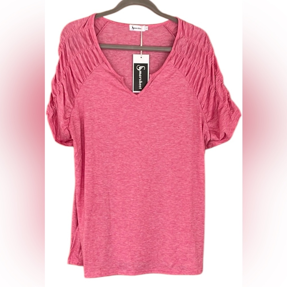 Pink V-neck Tee Top by Smarsheet. Ruching at shoulders and sleeves Plus Size XXL